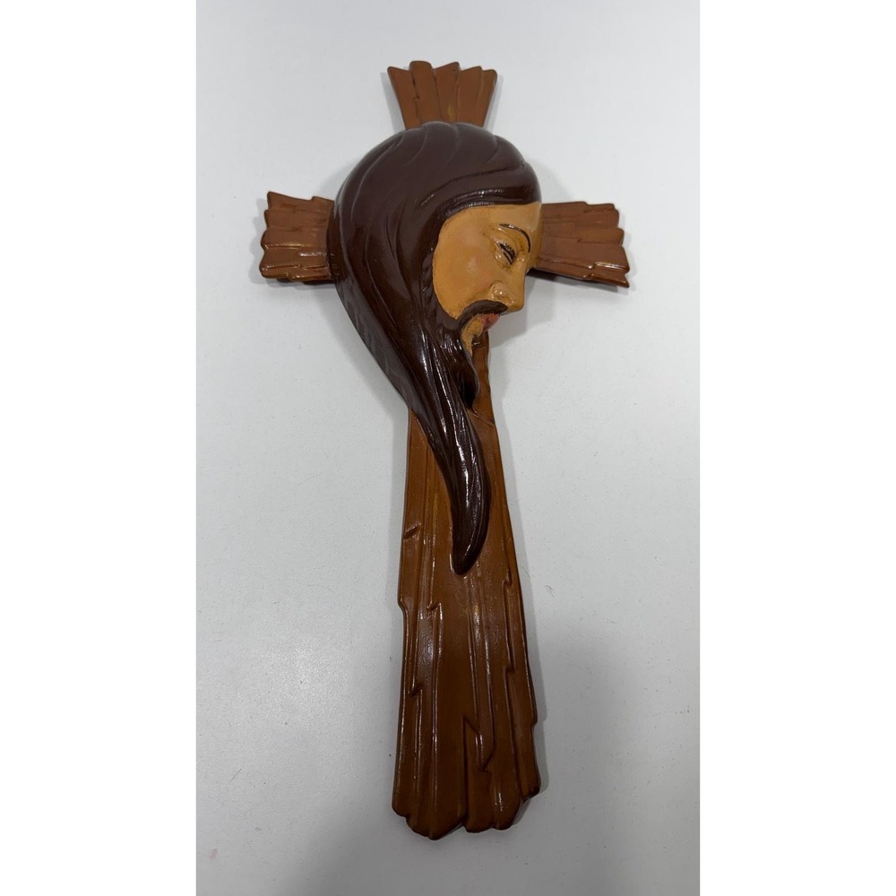 Vintage Jean Eugenic Signed Ceramic Jesus Christ Wall Cross 16 Inch Glossy Brown